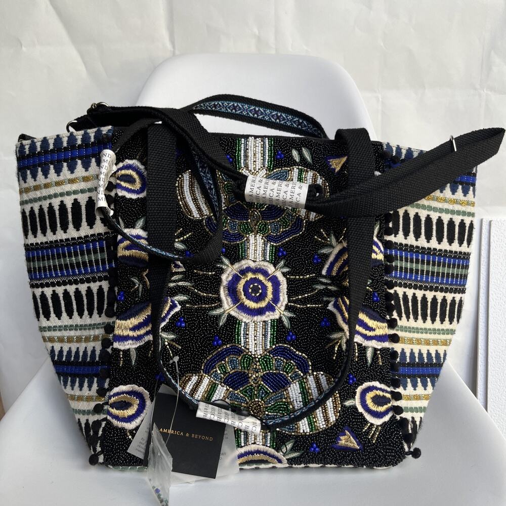 America Beyond Embellished Butterfly Beaded Embroidered Tote Bag Black Blue New